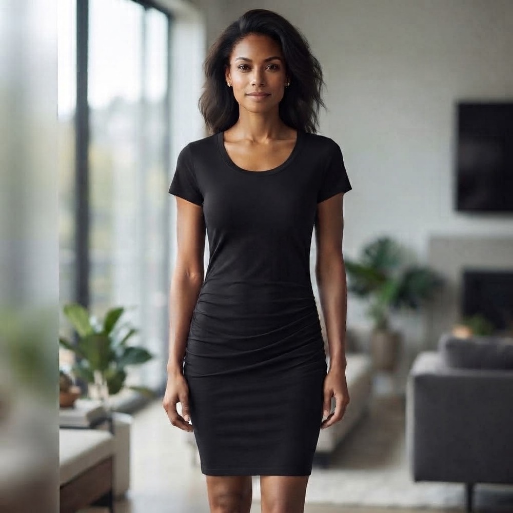 Prana Foundation Dress Women XS Black Short Sleeve Ruched V-Neck Modal Blend